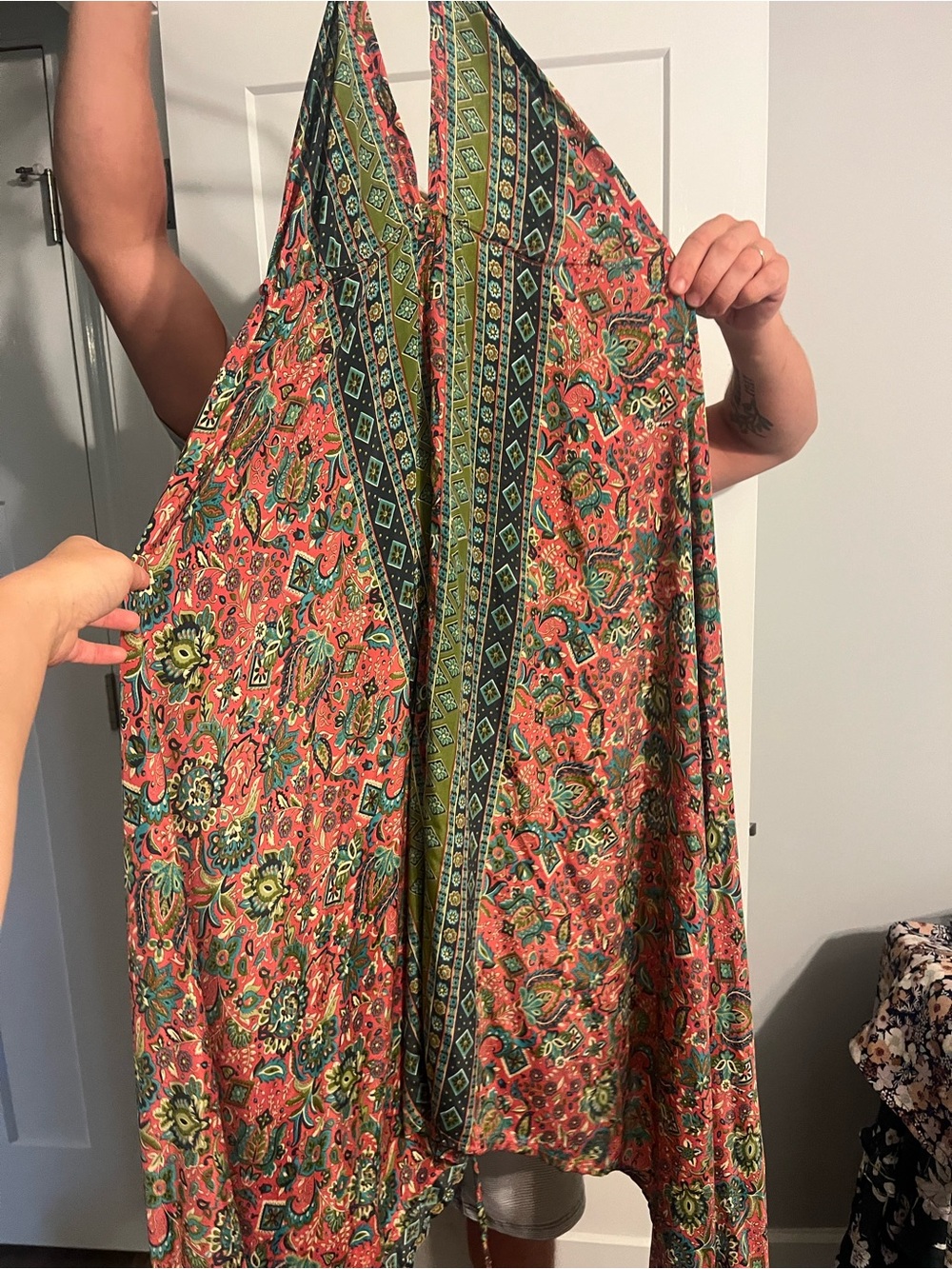 PAANI Bohemian Paisley Halter Maxi Dress - Coral/Green Patchwork